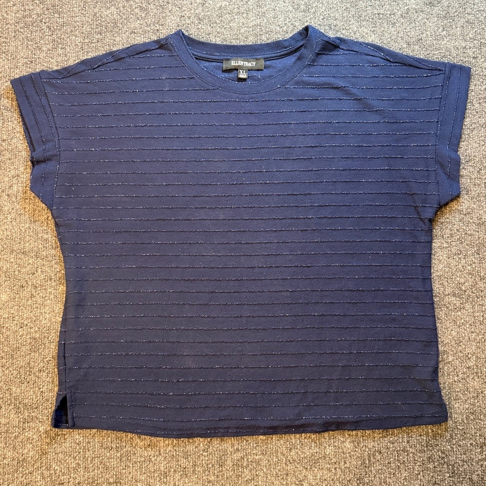 Ellen Tracy Navy Blue Shimmer Stripe Short Sleeve Top XL Crew Neck Cuffed Sleeve